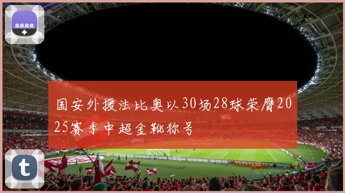 国安外援法比奥以30场28球荣膺2025赛季中超金靴称号
